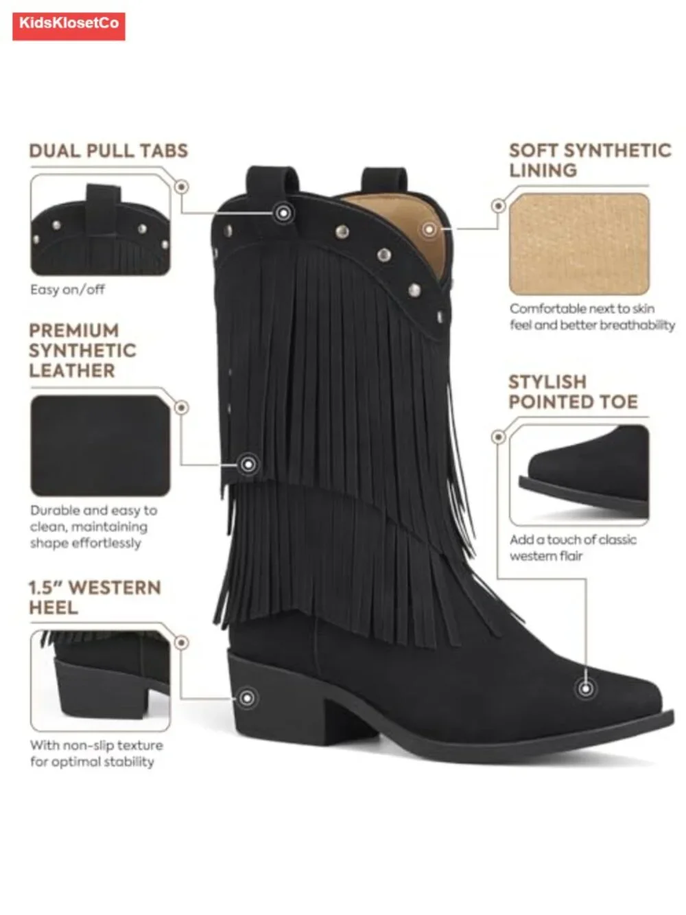 Girls Cowboy Boots with Tassel, Snip Toe, Western Boots, PU Leather, TPR Sole